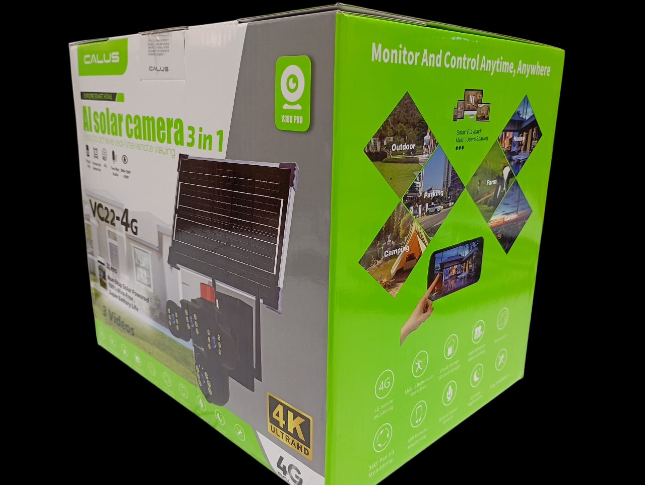 CALUS VC22-4G, AI solar camera, 4K ULTRA HD,3MP IN ALL THE 3 LENSES, motion detection, night vision, ip66 water proof, two way audio, cloud storage. Built in batteries SOLAR RECHARGEABLE, WIRELESS.
