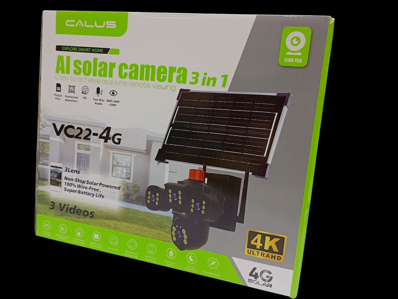 CALUS VC22-4G, AI solar camera, 4K ULTRA HD,3MP IN ALL THE 3 LENSES, motion detection, night vision, ip66 water proof, two way audio, cloud storage. Built in batteries SOLAR RECHARGEABLE, WIRELESS.