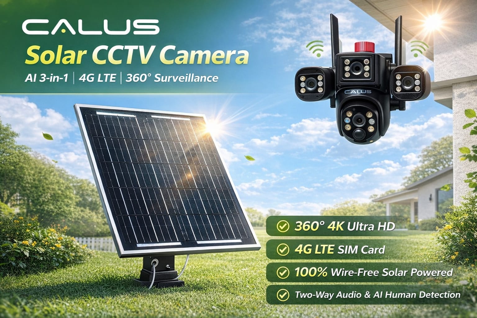 CALUS VC22-4G, AI solar camera, 4K ULTRA HD,3MP IN ALL THE 3 LENSES, motion detection, night vision, ip66 water proof, two way audio, cloud storage. Built in batteries SOLAR RECHARGEABLE, WIRELESS.