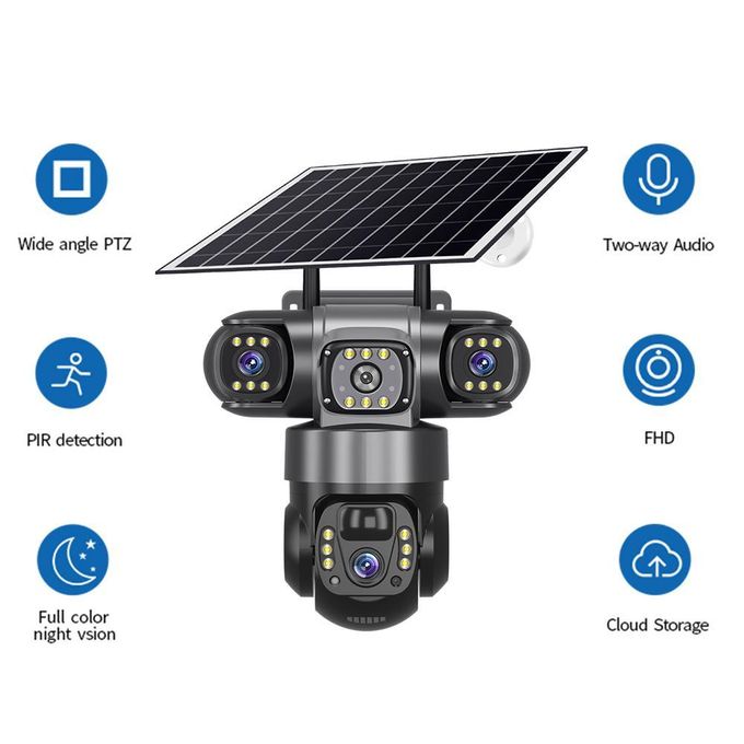 CALUS VC22-4G, AI solar camera, 4K ULTRA HD,3MP IN ALL THE 3 LENSES, motion detection, night vision, ip66 water proof, two way audio, cloud storage. Built in batteries SOLAR RECHARGEABLE, WIRELESS.