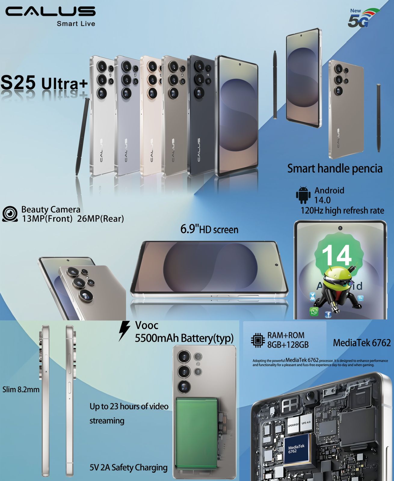 CALUS S25 Ultra PLUS  8GB + 128GB, 13MP+26MP, 5500mAh, DUAL SIM, 6.9 DISPLAY. with touch pen, ANDROID 14, 120Hz REFRESH RATE, MEDIA TEK 6762 PROCESSOR , SLIM DESIGN.