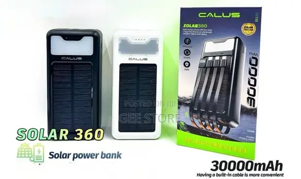 CALUS Solar360 Solar Power Bank, 30000mah, fast charging, inputs> solar(sun) and electricity, with inbuilt cables. flash lights