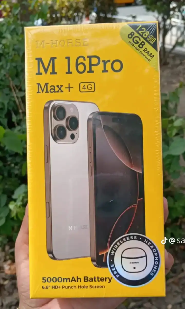 m horse m 16 Pro Max Android  smartphone 128gb Rom + 8gb Ram 6.6 inches IPS LCD screen display 5000mAh battery capacity OCTA-CORE Processor 13mp dual main camera+ 8mp selfie , with earpods
