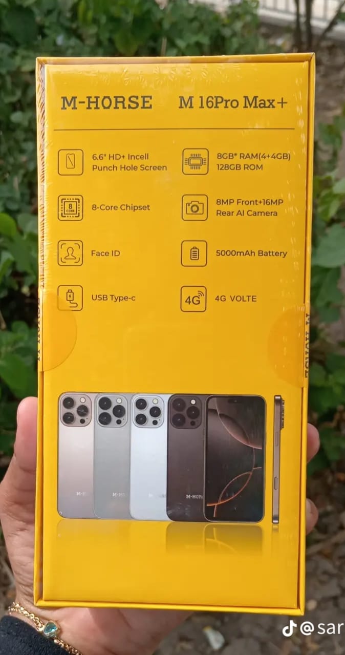 m horse m 16 Pro Max Android  smartphone 128gb Rom + 8gb Ram 6.6 inches IPS LCD screen display 5000mAh battery capacity OCTA-CORE Processor 13mp dual main camera+ 8mp selfie , with earpods