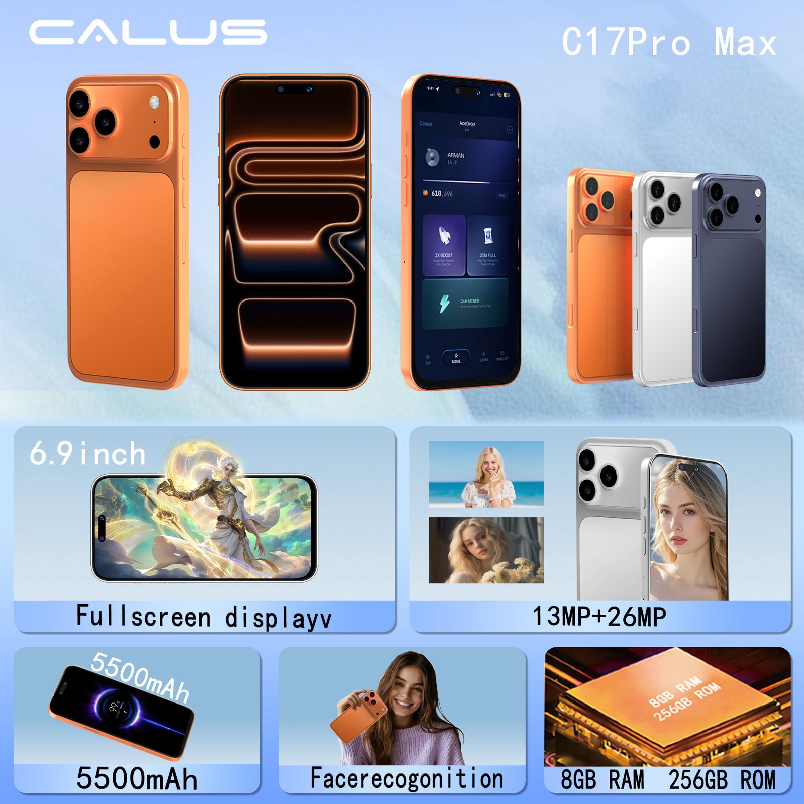 CALUS C17 PRO MAX, 8GB RAM + 256GB ROM, 6.9 inch FULL SCREEN DISPLAY, 5500MAH, 13MP+26MP CAMERA, FACE ID, ANDROID 14 SMARTPHONE, DUAL SIM