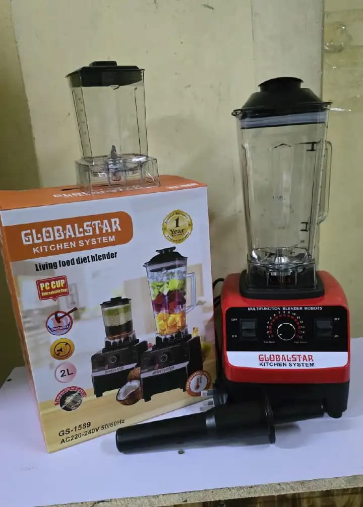 Globalstar Juice Professional Commercial Blender 2Litres 2 In 1 GS-1589. Voltage 220~240V Light Weight and Easy to Use Heavy Duty for Commercial Use . Two in One Stainless Steel Cutting Blade