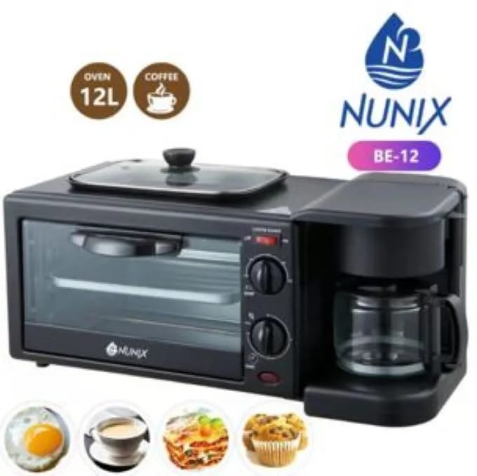Nunix 3 In 1 Kitchen MultiFunction Breakfast Maker Machine with Grill, Tea-Coffee Maker/ Expresso and 12 Litres Oven. The toaster oven has a 30-minute timer with a glass door and can fit up to 4 slice