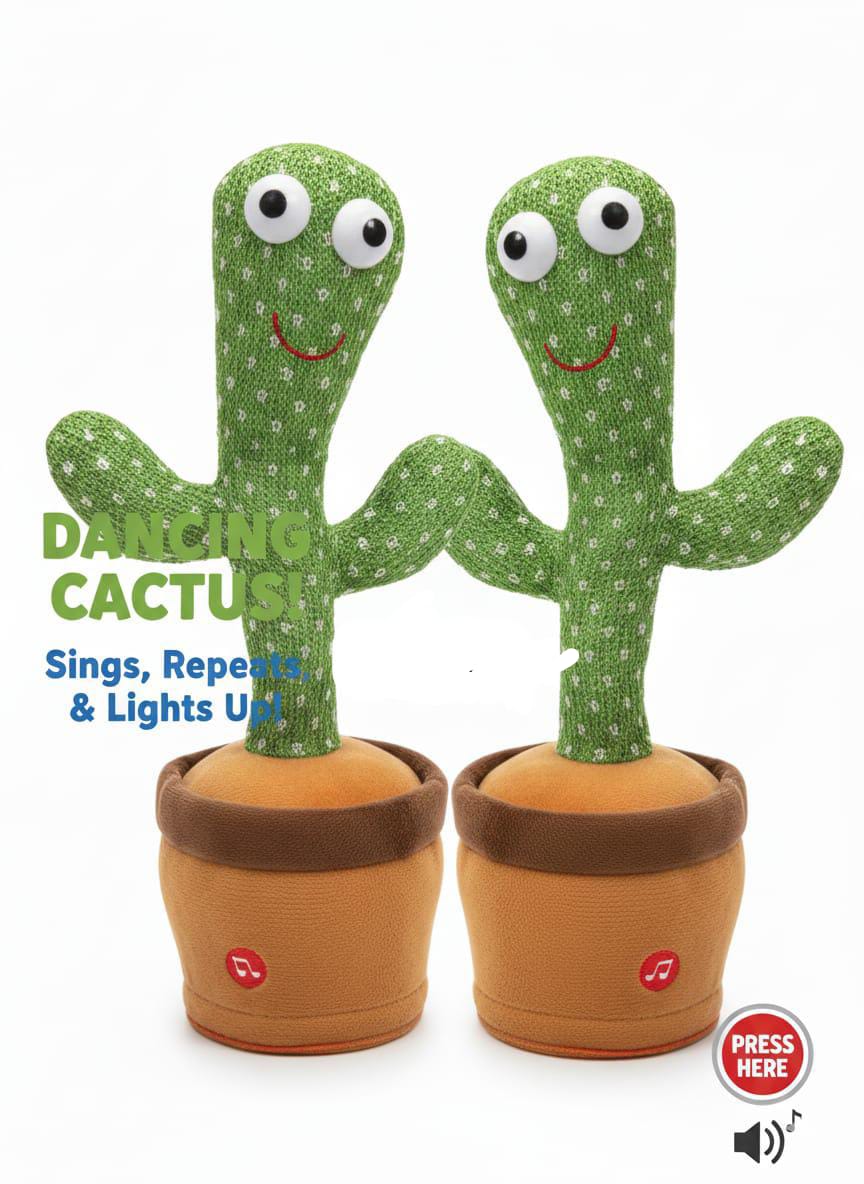 interactive dancing cactus plush toy. 
It sings multiple songs and dances to the rhythm.
The toy can record and repeat what is said in a funny voice.
It features LED lighting.
It serves as both a toy