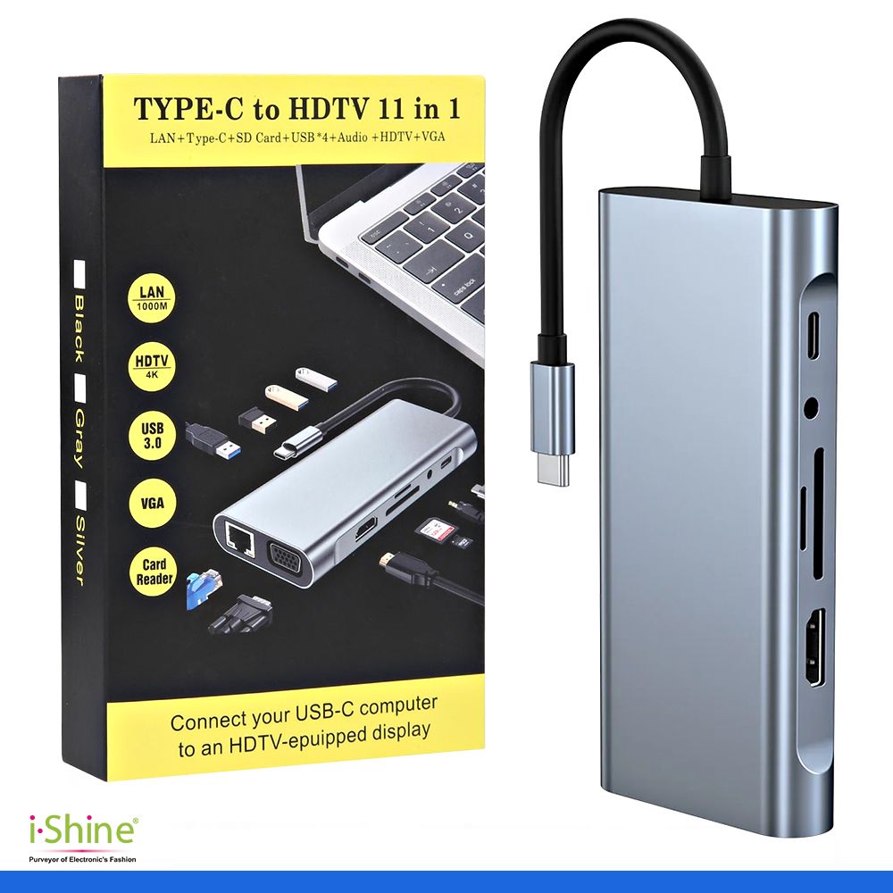 Type C Hub,11-in-1 Adapter with Ethernet, 4K USB C to HDMI, VGA Lan TYPE C HDTV 11 IN 1