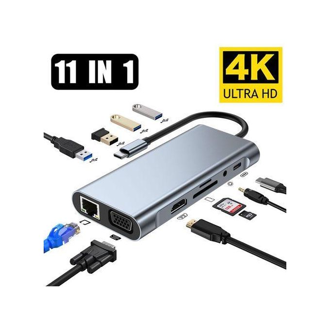 Type C Hub,11-in-1 Adapter with Ethernet, 4K USB C to HDMI, VGA Lan TYPE C HDTV 11 IN 1