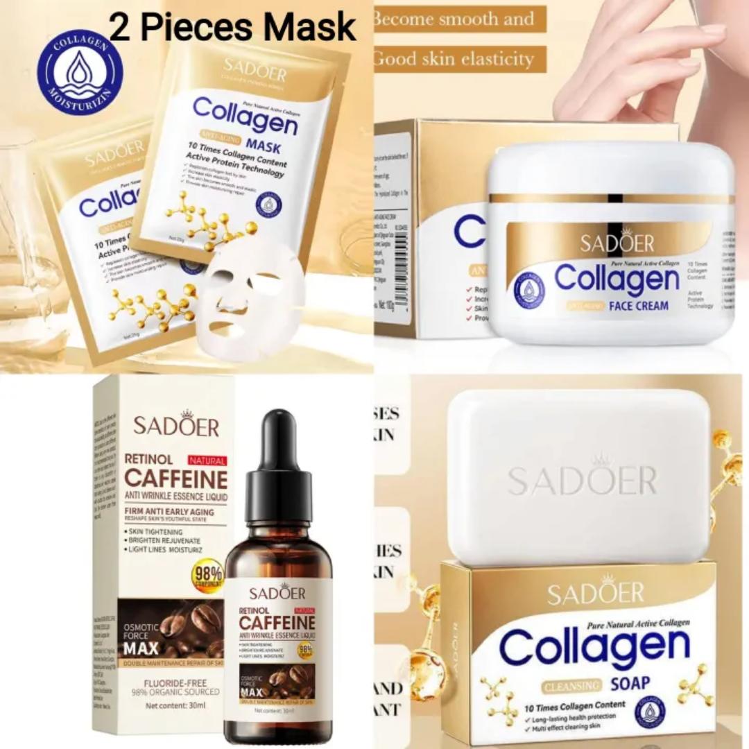 Sadoer 5 Pieces, Collagen Soap + Retinol Caffeine Anti Wrinkles Serum Like Vitamin C + 2 Pieces Face Mask Moisturizing Face Mask + Collagen Cream Anti Aging Collagen Cream,, smoothin
