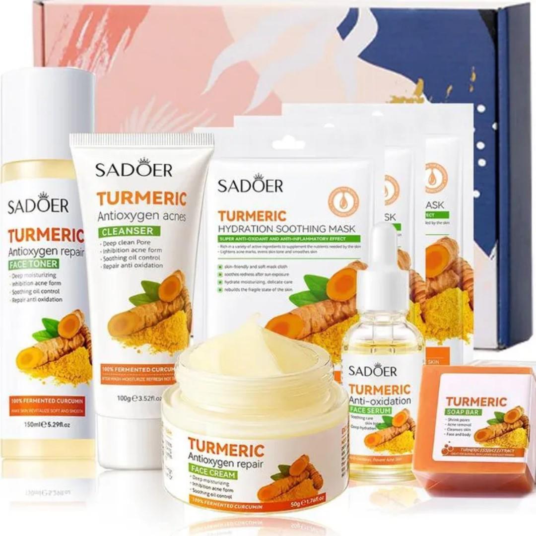 SADOER Tumeric moisturizing and skin glowing Skin Care Set: Turmeric Face Cream + Serum+ Toner + 3 Face Masks + Face Cleanser For Treating Dark Spots, Anti-wrinkles & Improving Skin Texture
