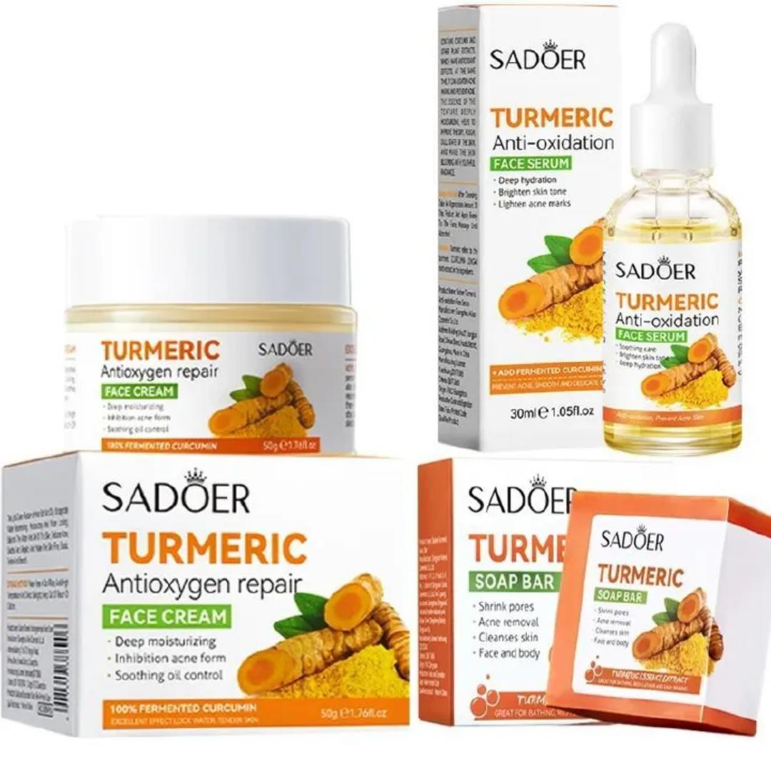 3 Packs Sadoer Turmeric Soap Bar + Serum + Cream Skin Care for Shower, Smoothing and Cleanses Skin Face Wash Soap Face Serum, Face Wash Oily Skin Bar Soap for Face and Body (Serum Soap Set)