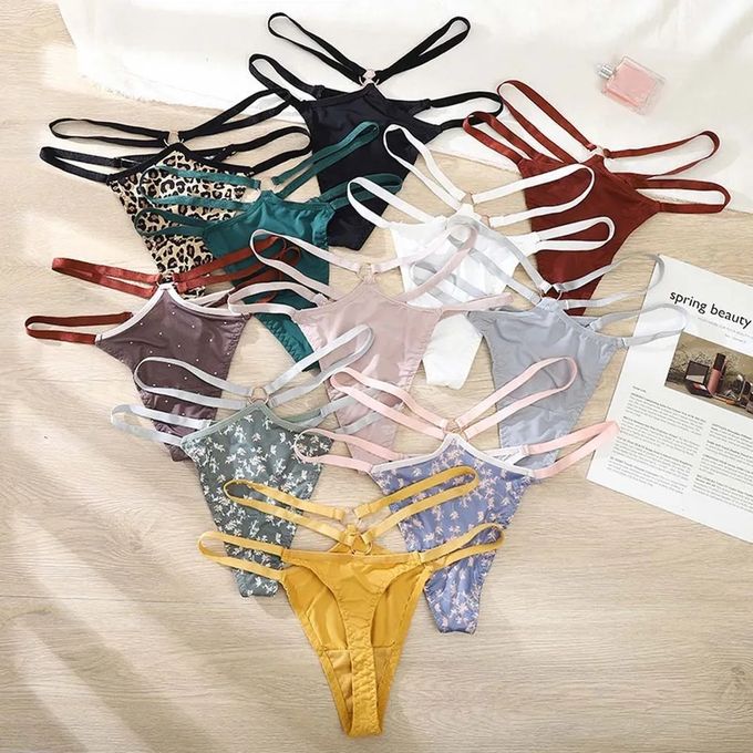 Fashion 3PCs Sexy Silky Strap With A Golden Ring Sparkle Thong Panties