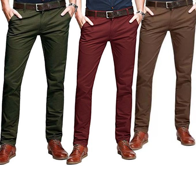 Fashion 3Pack, Khaki Men's Trouser Slim Fit Official Casual- Green,Chocolate&Maroon