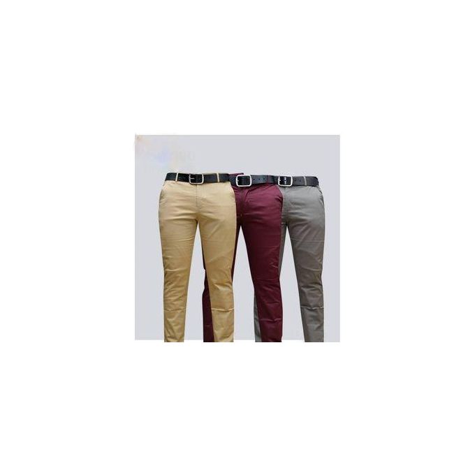 Fashion 3 Pcs Soft Khaki Men's Trouser Slim Fit- Beige, Maroon And Light Grey