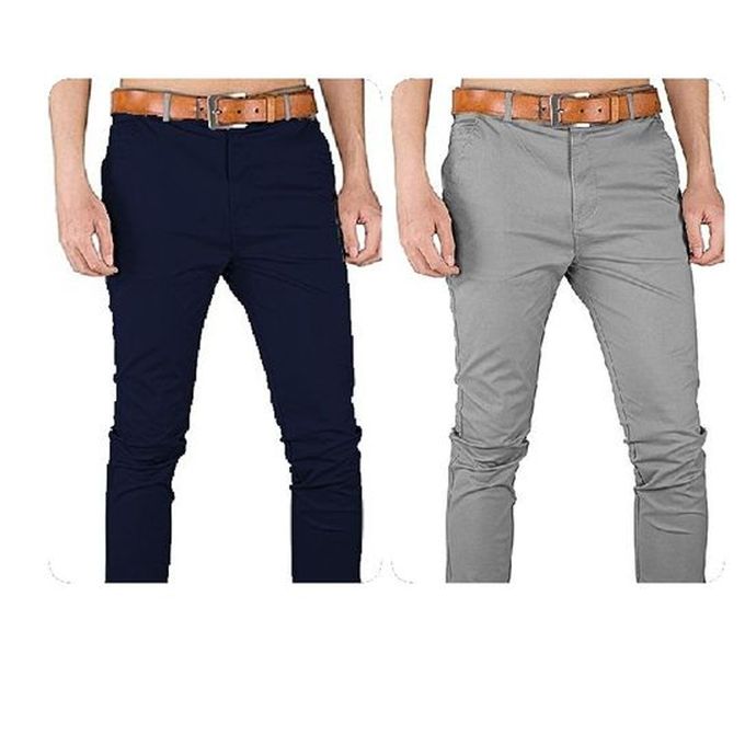 Fashion Set Of 2 Men's Soft Slim Fit Khaki Trousers, Black & Grey