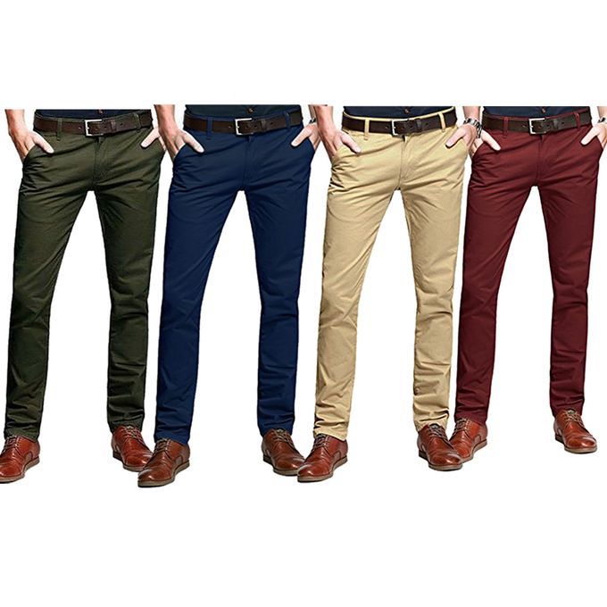 4Pack, Soft Khaki Men's Trouser Slim Fit Official Casual- Green,Navyblue,Beige&Maroon