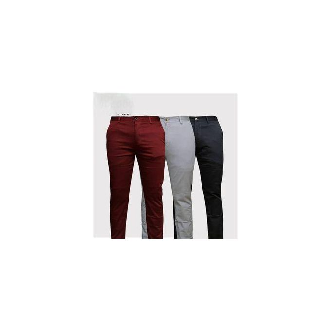 3 Pcs Soft Khaki Men's Trouser Slim Fit- Maroon, Cream And Black