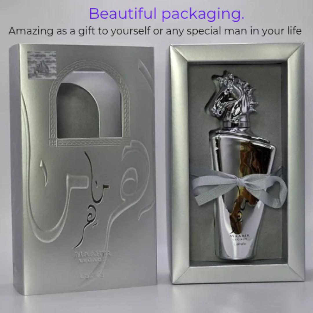 MAAHIR LEGACY by LATTAFA. 100ml EDP perfume. With a budget friendly bottle of 200ml body spray. Perfect Cologne for Men needing that fresh, floral, leather fragrance. Amazing gift to gift a man