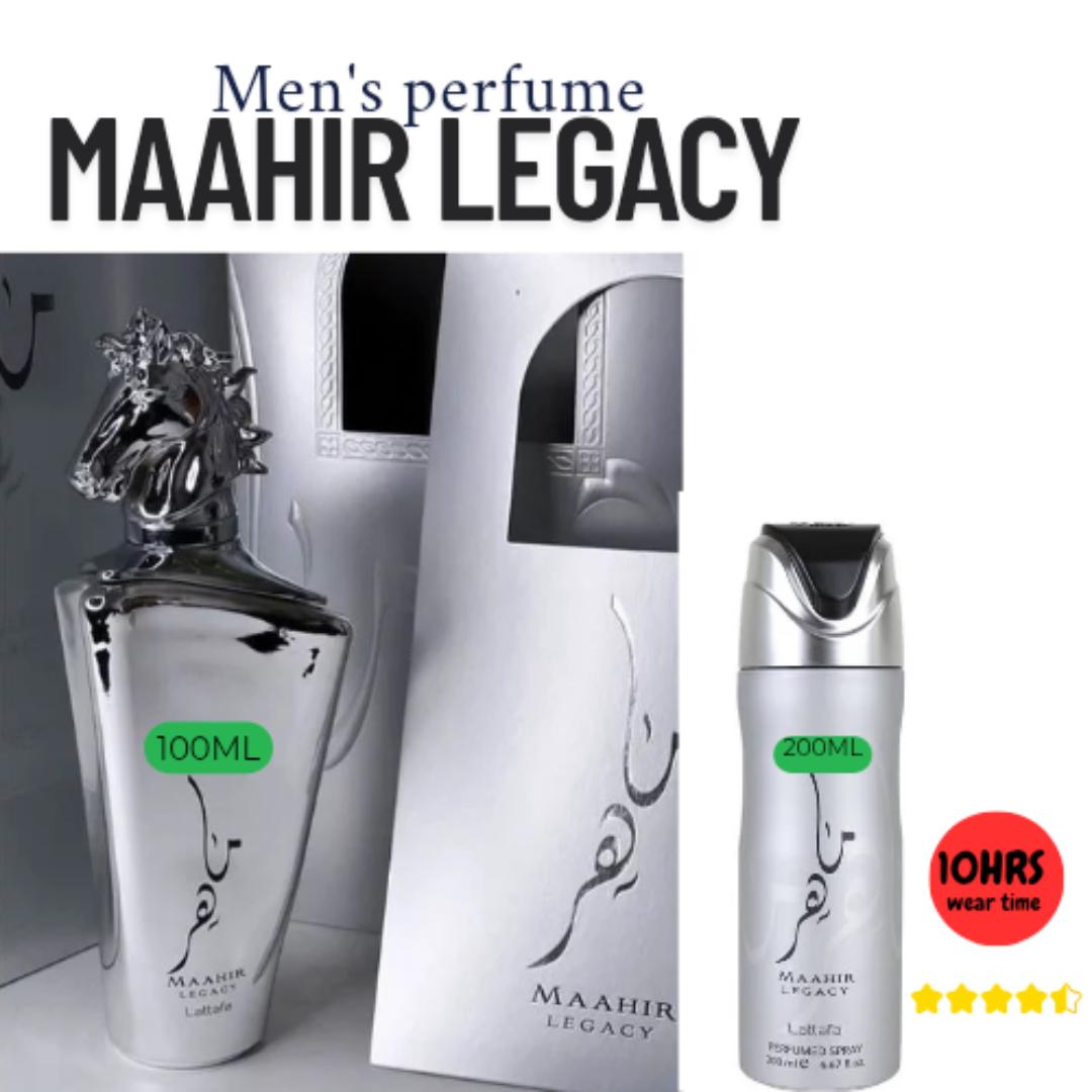 MAAHIR LEGACY by LATTAFA. 100ml EDP perfume. With a budget friendly bottle of 200ml body spray. Perfect Cologne for Men needing that fresh, floral, leather fragrance. Amazing gift to gift a man