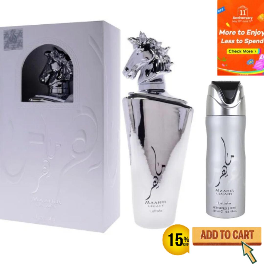 MAAHIR LEGACY by LATTAFA. 100ml EDP perfume. With a budget friendly bottle of 200ml body spray. Perfect Cologne for Men needing that fresh, floral, leather fragrance. Amazing gift to gift a man
