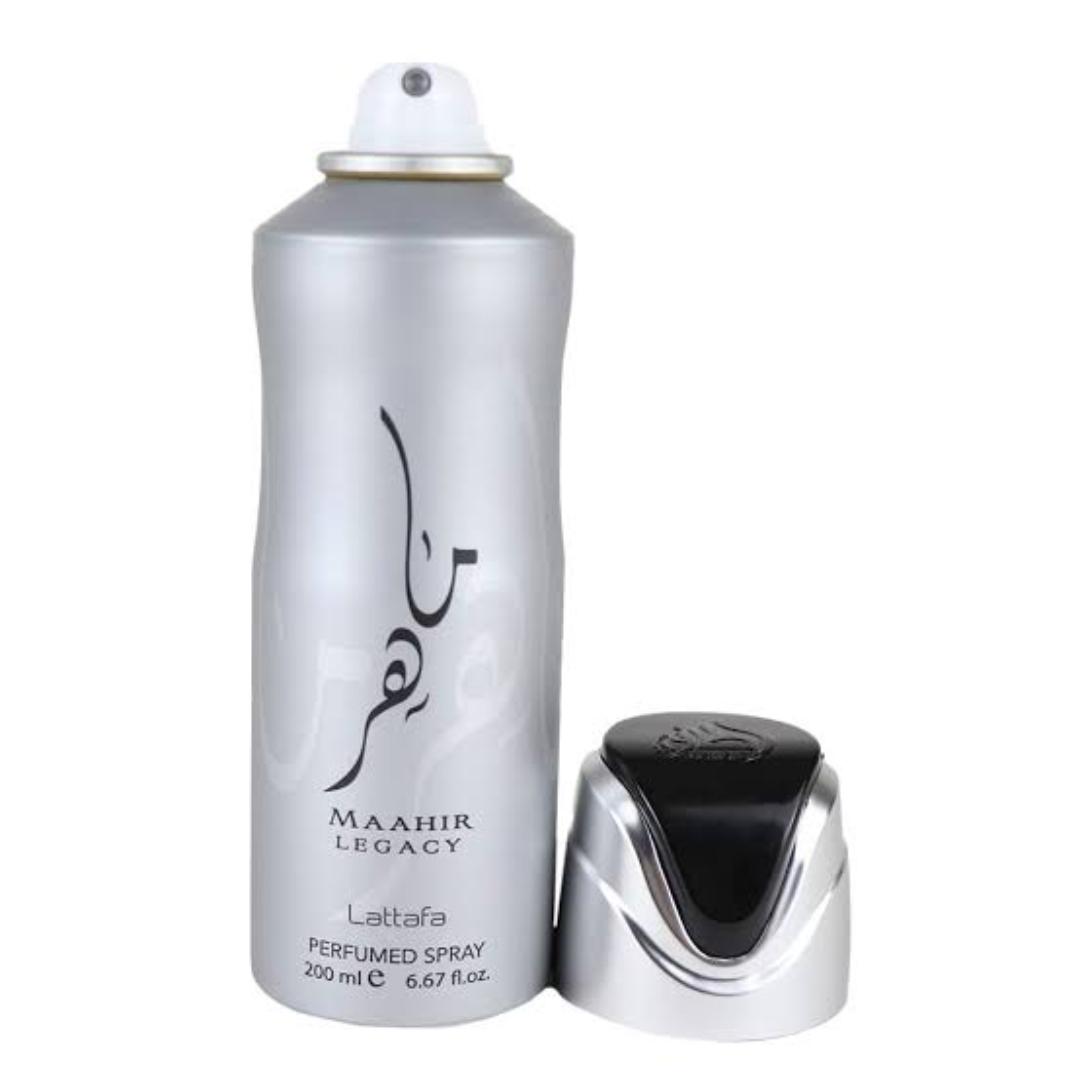 MAAHIR LEGACY by LATTAFA. 100ml EDP perfume. With a budget friendly bottle of 200ml body spray. Perfect Cologne for Men needing that fresh, floral, leather fragrance. Amazing gift to gift a man