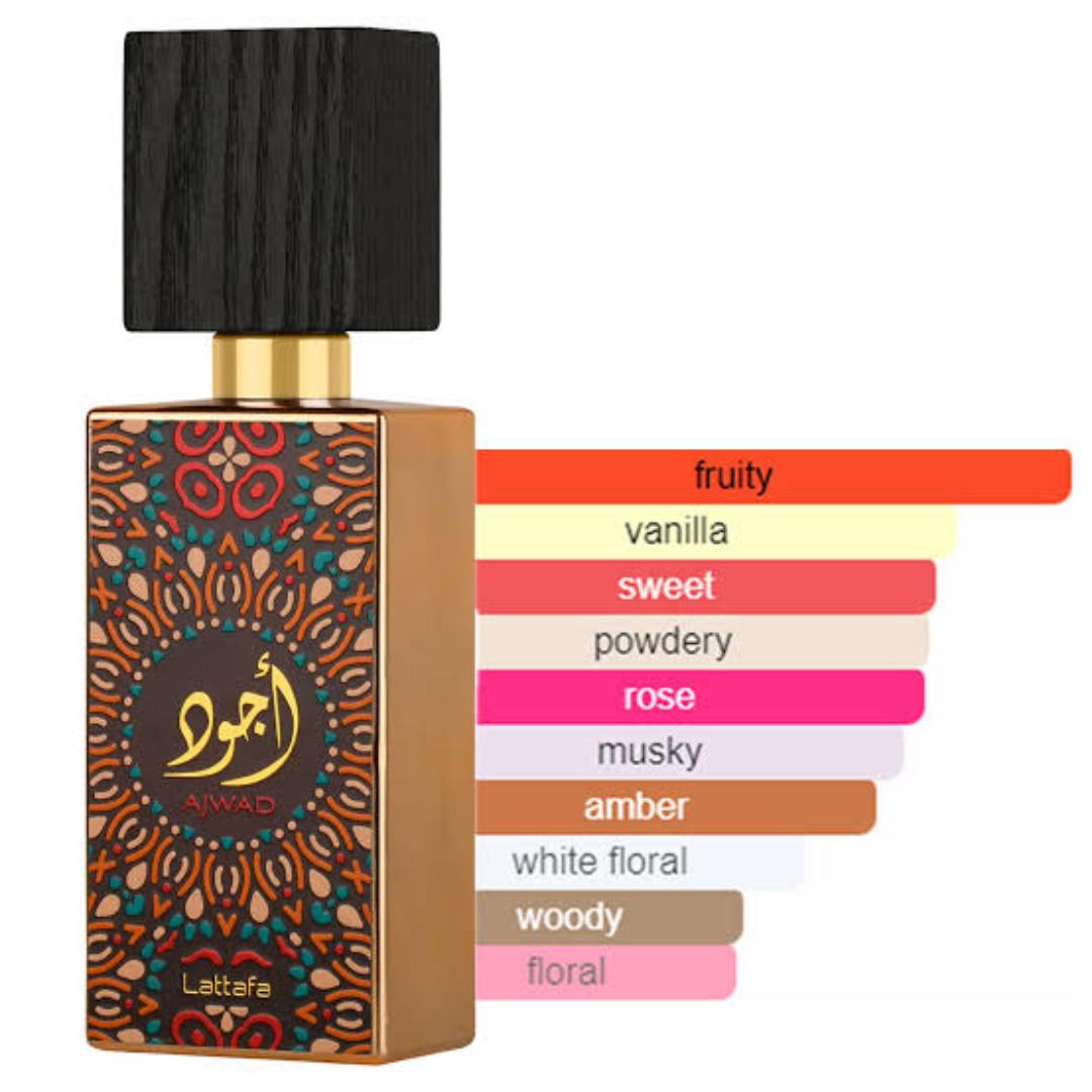 Lattafa- Ajwad Perfume. 100ML or 200ML (Body Spray). A Sweet - Vanilla - Rose Scent for Women / Ladies.  Lasts 8hrs on skin, 12hrs+ on clothes. Feminine fragrance. Gift Worthy. # Black Friday Sale