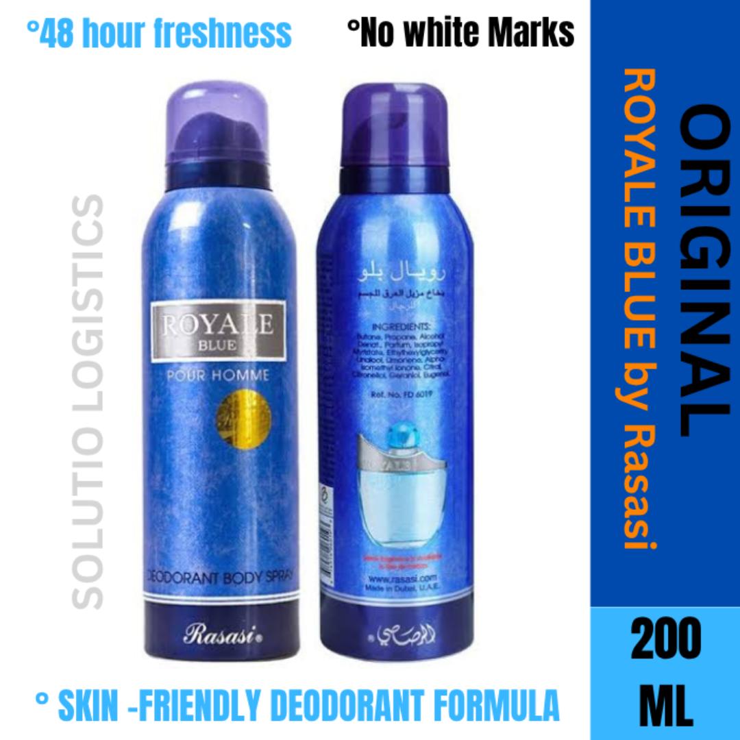 Royale Blue for men. By Rasasi. 200ML Deodorizing Spray. 48HRS Freshness. Original Perfume for Gentlemen. Marashi ya Wanaume / Cologne. 48Hrs - Long Lasting. Gift. # New Year Sale Deal, 2026