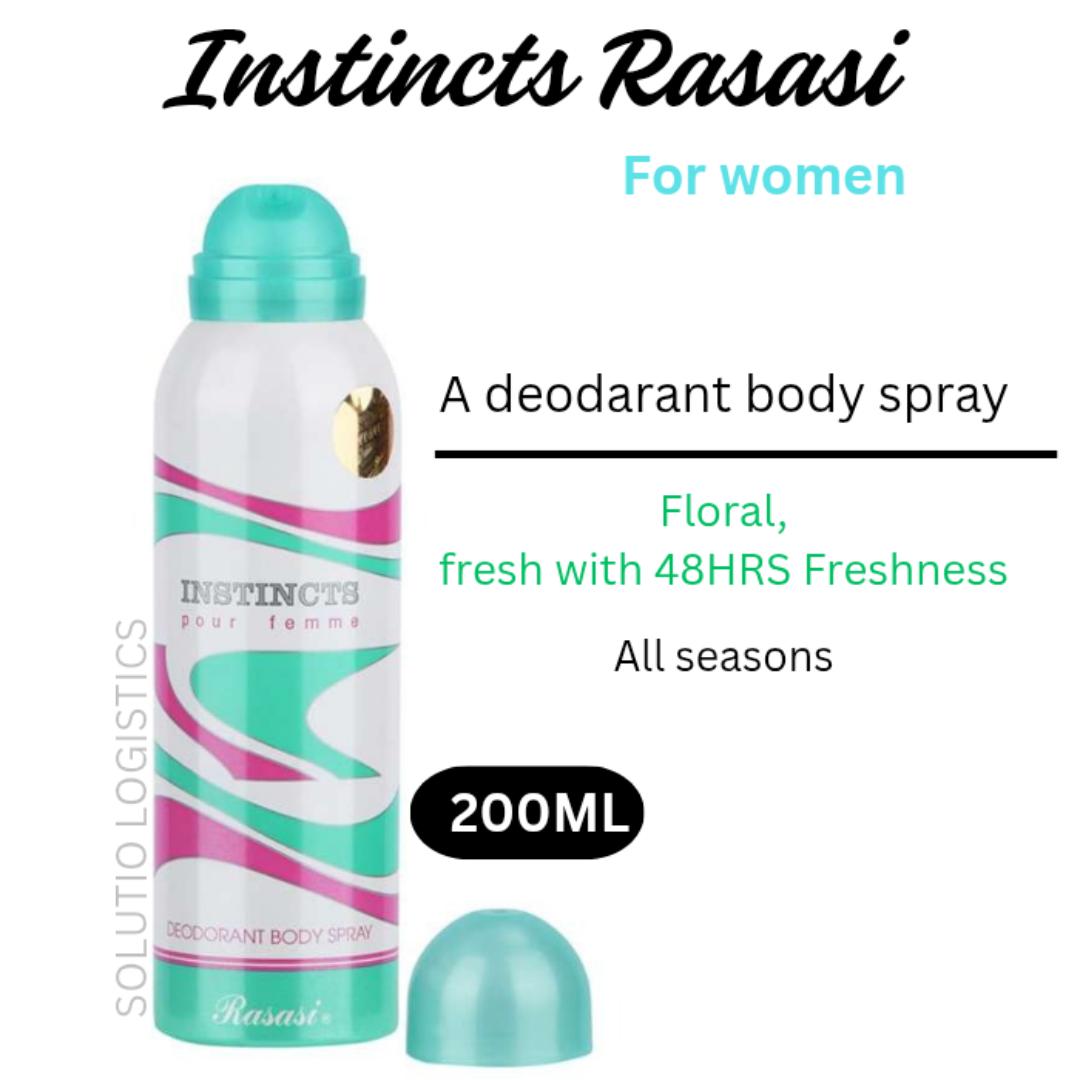 { New Arrival } 2 in 1 Deodorant & Spray. INSTINCTS by Rasasi. Original 200Ml Body Spray. For women / Ladies. Gift worthy to perfume. Marashi ya Wanawake.
