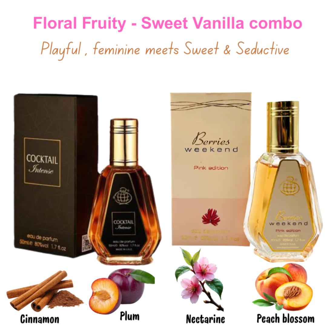 Berries weekend & Cocktail Intense Perfume Combo.  Floral Fruity & Sweet Vanilla Scents. 50ML EDP Fragrance World for Women. 8hrs + Spray time. Gift worthy