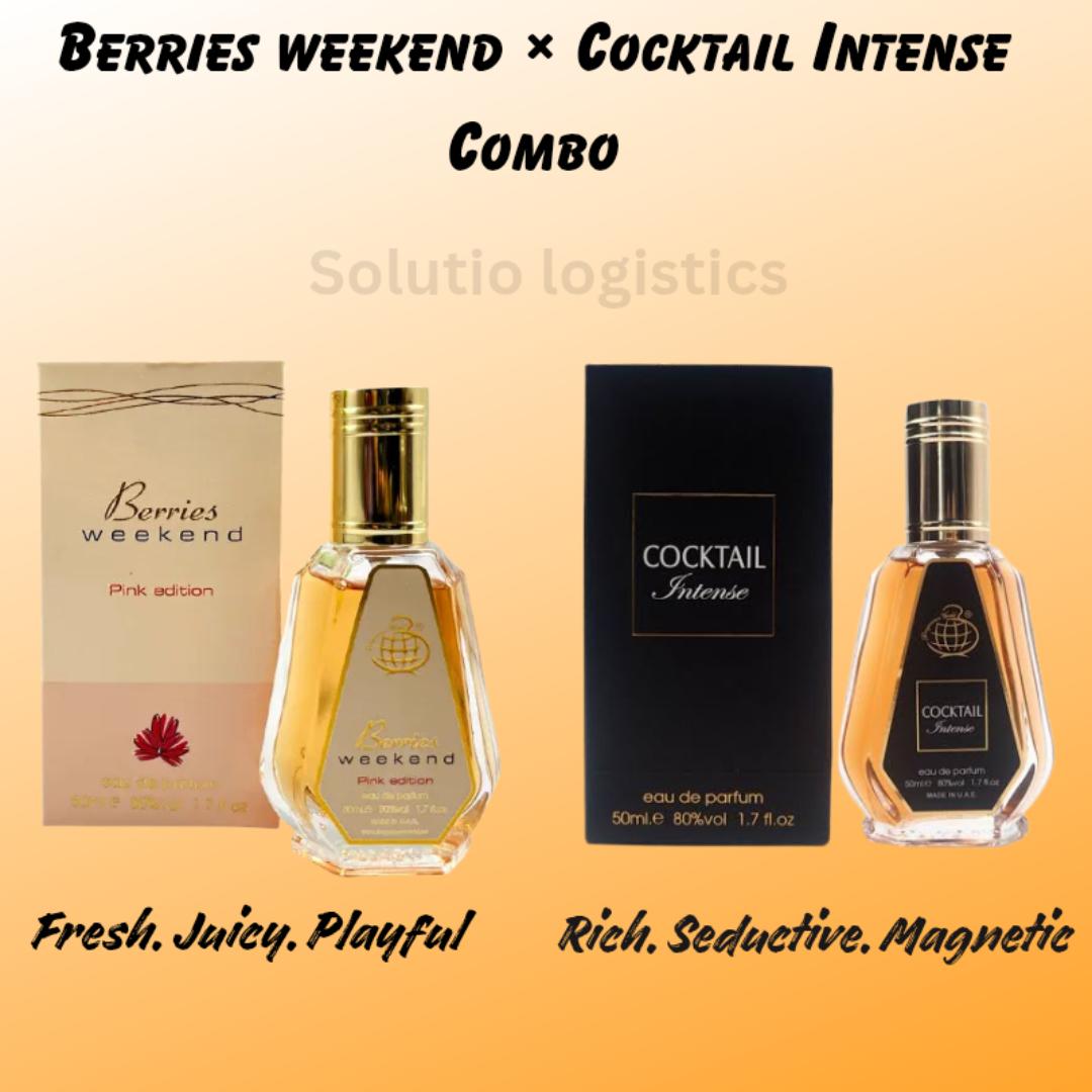 Berries weekend & Cocktail Intense Perfume Combo.  Floral Fruity & Sweet Vanilla Scents. 50ML EDP Fragrance World for Women. 8hrs + Spray time. Gift worthy