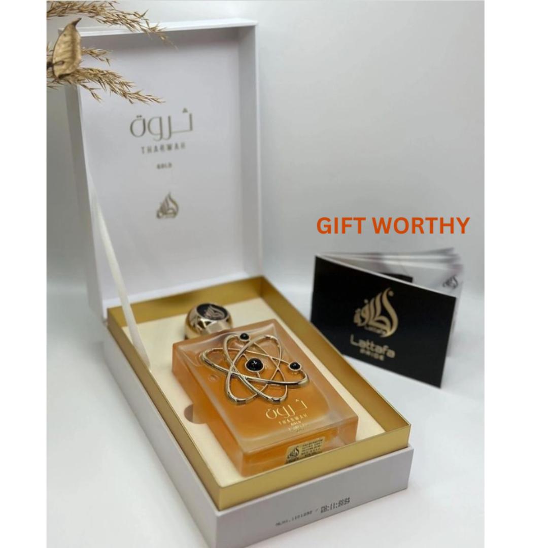 Tharwah Gold by LATTAFA. An Oriental Floral Fragrance for Women. White Floral - Vanilla Sweet - Spicy. An All Day Wear Spray. BEST LOOKING PERFUME FOR A GIFT.