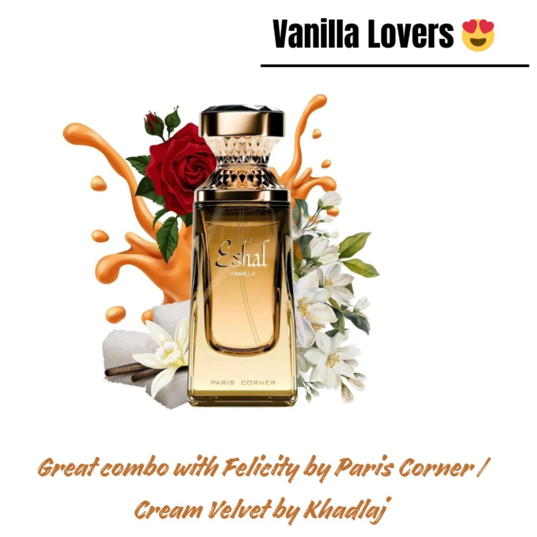 ESHAL VANILLA by PARIS CORNER. 100Ml EDP Fragrance for Women. Soft Gourmand for Vanilla Lovers. Sweet - Last over 8HRS Sprayed. Ladies Spray. #Black Friday Sale/Offers. Git Worthy.