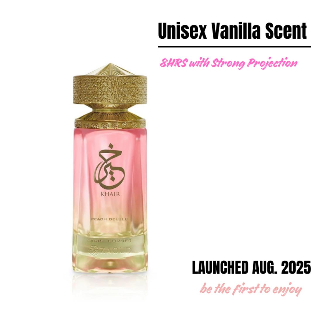 [NEW ARRIVAL.] Khair Peach Delulu Perfume. A Unisex Vanilla fragrance for Men & Women. Long Lasting 8HRS. Strong Projection - Sillage.  Fresh, Sweet Caramel. Fruity. Gift worthy. Marashi