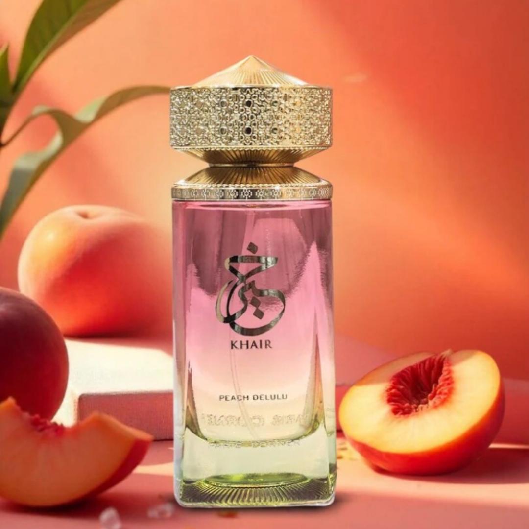 [NEW ARRIVAL.] Khair Peach Delulu Perfume. A Unisex Vanilla fragrance for Men & Women. Long Lasting 8HRS. Strong Projection - Sillage.  Fresh, Sweet Caramel. Fruity. Gift worthy. Marashi