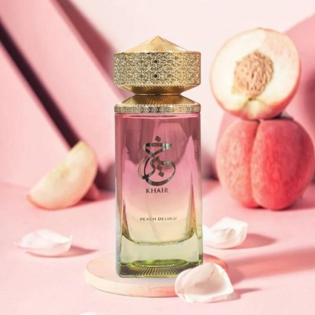 [NEW ARRIVAL.] Khair Peach Delulu Perfume. A Unisex Vanilla fragrance for Men & Women. Long Lasting 8HRS. Strong Projection - Sillage.  Fresh, Sweet Caramel. Fruity. Gift worthy. Marashi