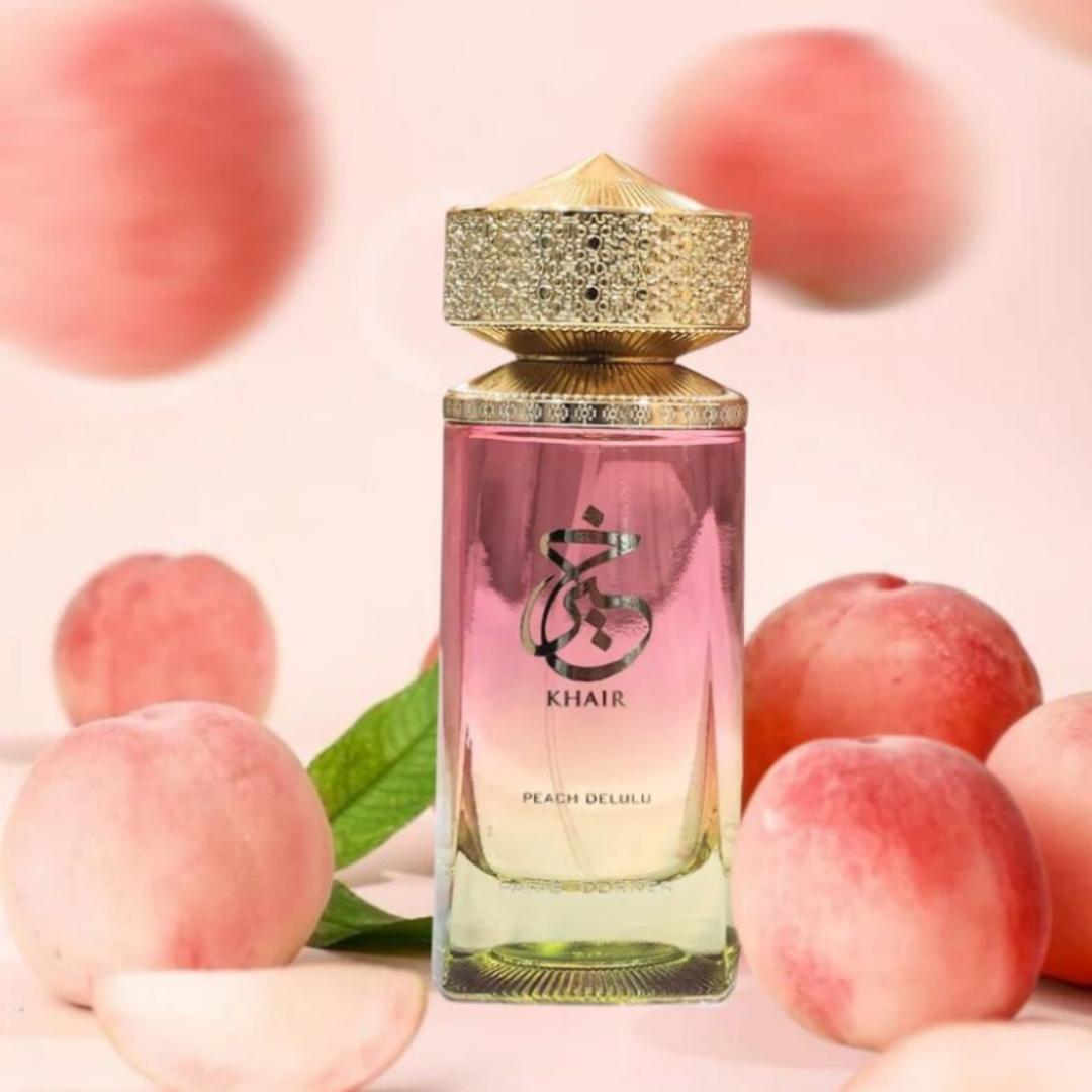 [NEW ARRIVAL.] Khair Peach Delulu Perfume. A Unisex Vanilla fragrance for Men & Women. Long Lasting 8HRS. Strong Projection - Sillage.  Fresh, Sweet Caramel. Fruity. Gift worthy. Marashi