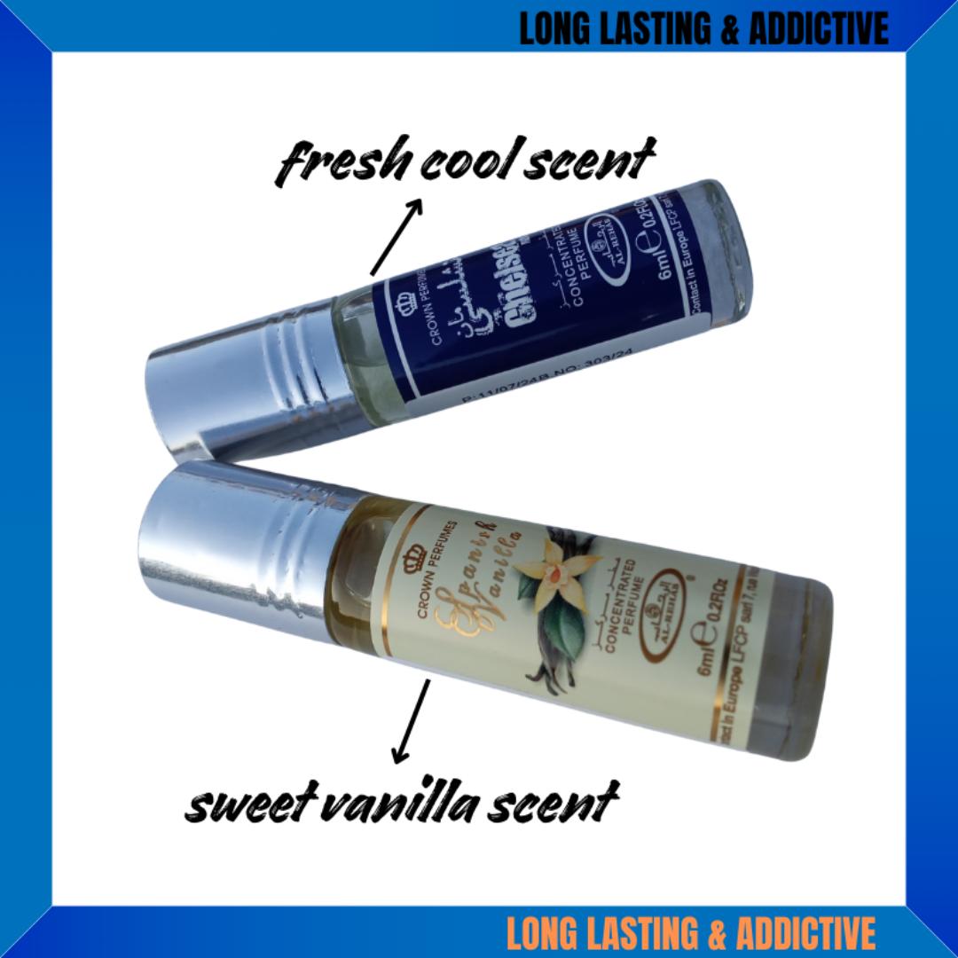 His & Hers Perfume Oil Combo | AL REHAB BRAND | Chelsea Man & Spanish Vanilla | Cool Fresh Scent | Sweet Vanilla Scent | Men & Women | Cute Couples Gift. Arabic Roll On Oil. Black Friday Sale/Offer