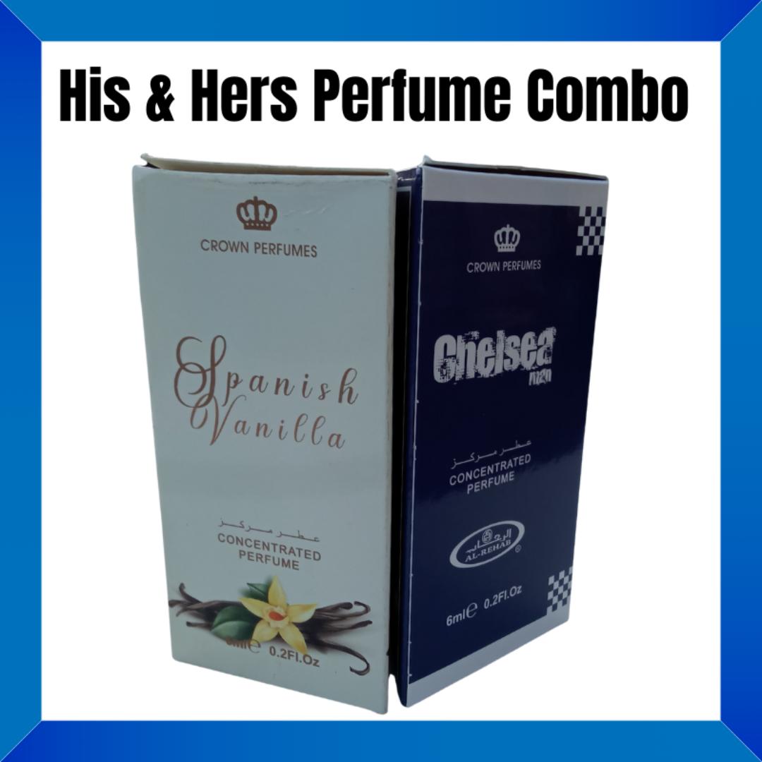 His & Hers Perfume Oil Combo | AL REHAB BRAND | Chelsea Man & Spanish Vanilla | Cool Fresh Scent | Sweet Vanilla Scent | Men & Women | Cute Couples Gift. Arabic Roll On Oil. Black Friday Sale/Offer