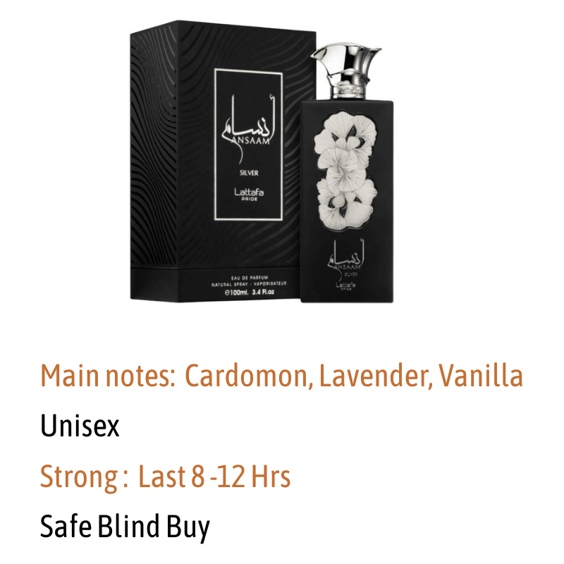 Ansaam Silver Perfume Lattafa | A Unisex Fragrance | Sweet Lavender Vanilla Scent Loved by Men & Women | Beast Mode Longevity 12 Hrs, days on Clothes |  Gift Worthy Marashi | Everyday spray / cologne