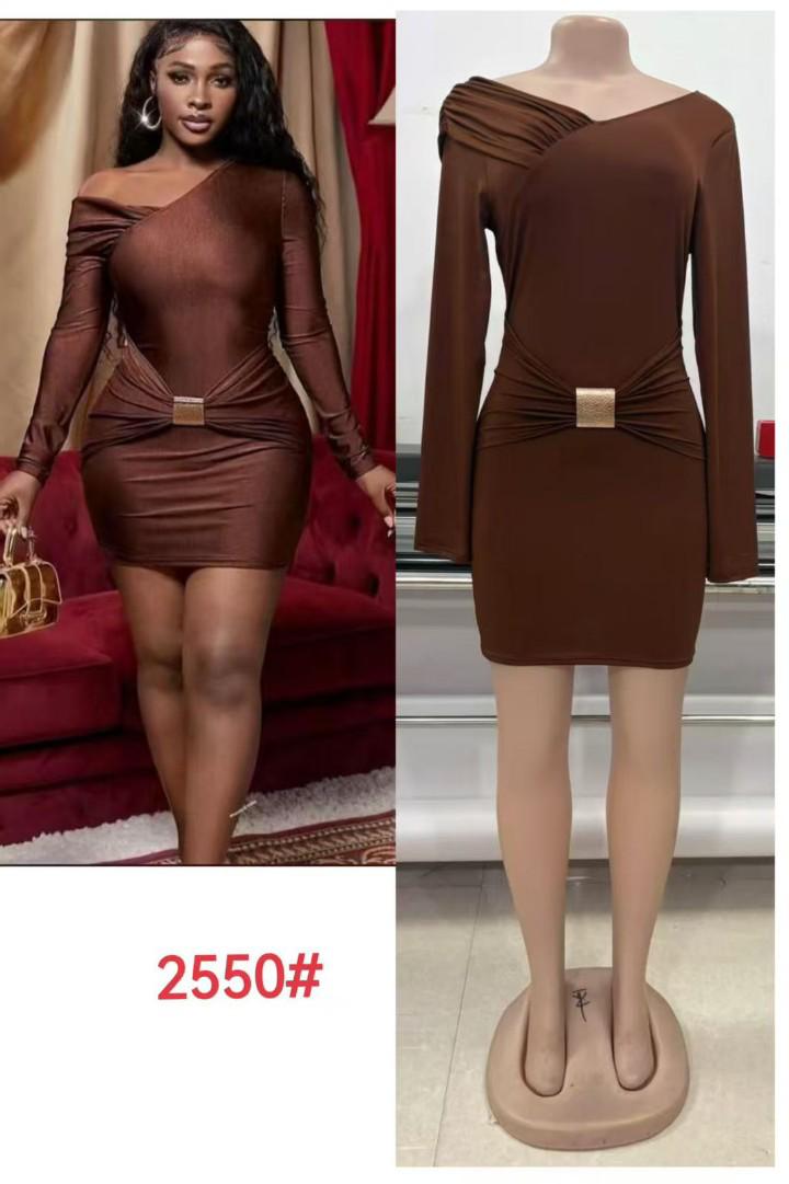 Elegant Brown One-Shoulder Bodycon Mini Dress with Long Sleeves and Waist Buckle – Party, Dinner, and Clubwear Dress