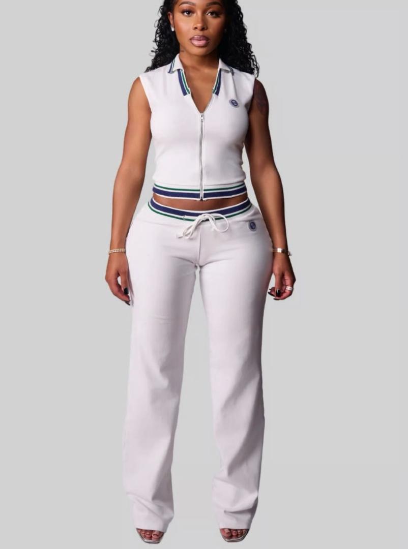 Women's 2-piece Athletic Track Suit Set-Sleeveless Zip Up Crop Top &Wide Leg Pants