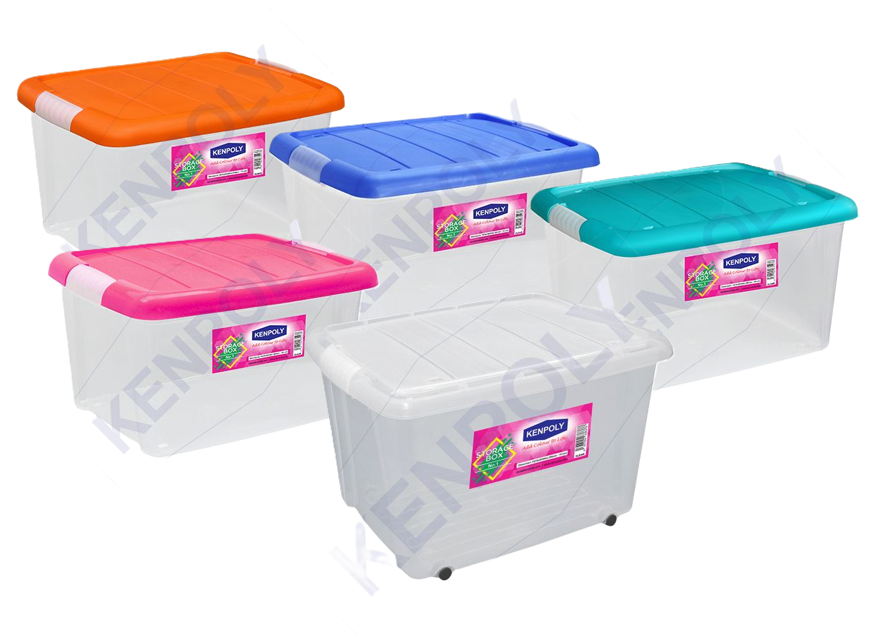 Kenpoly Storage Box Clear Plastic with Lid - 18L (39 × 30 × 21) Clear body with choice of lids colours