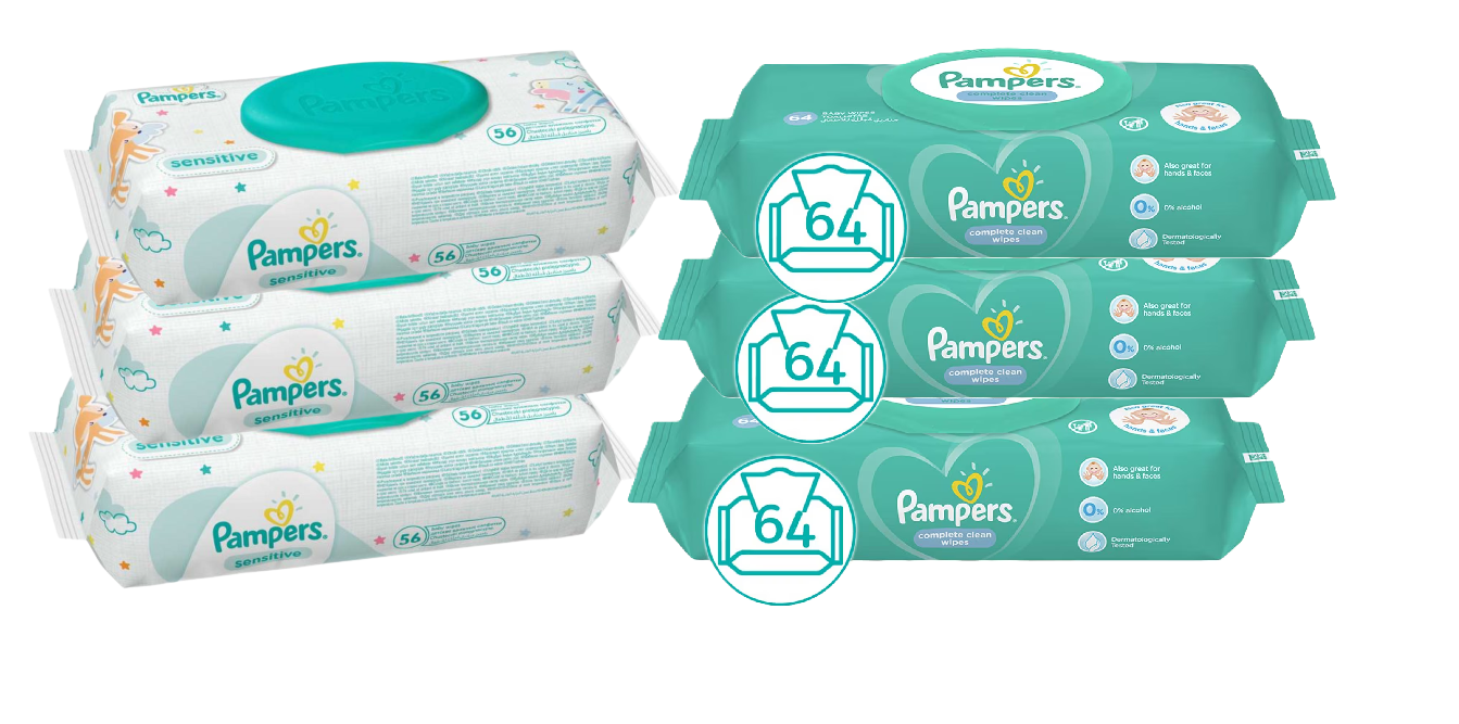 Pampers Baby Wipes Sensitive 56 Pieces - 3 PCS and Pampers Baby Wipes Fresh Clean 64 Pieces - 3 PCS