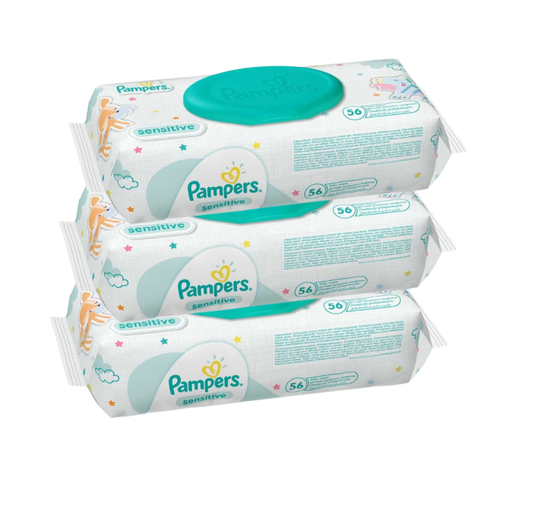 Pampers Baby Wipes Sensitive 56 Pieces - 3 PCS and Pampers Baby Wipes Fresh Clean 64 Pieces - 3 PCS