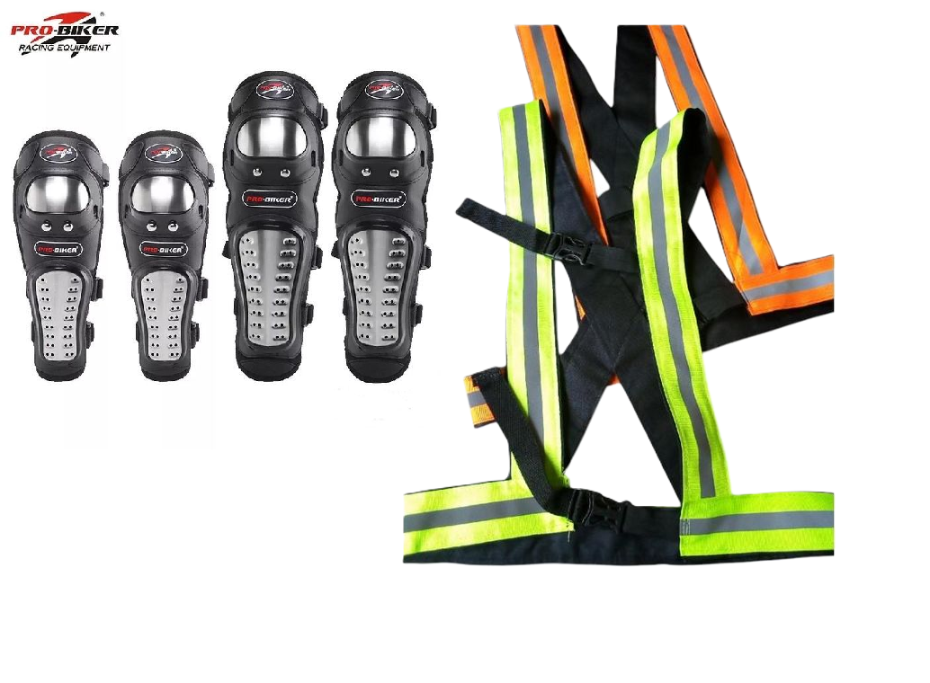 Pro Biker Knee Guards- 2 PCS ( A pair) & Elbow guards- 2 PCS ( A Pair) and Fashion Motorcycle Reflector Straps ( 2 Pieces)