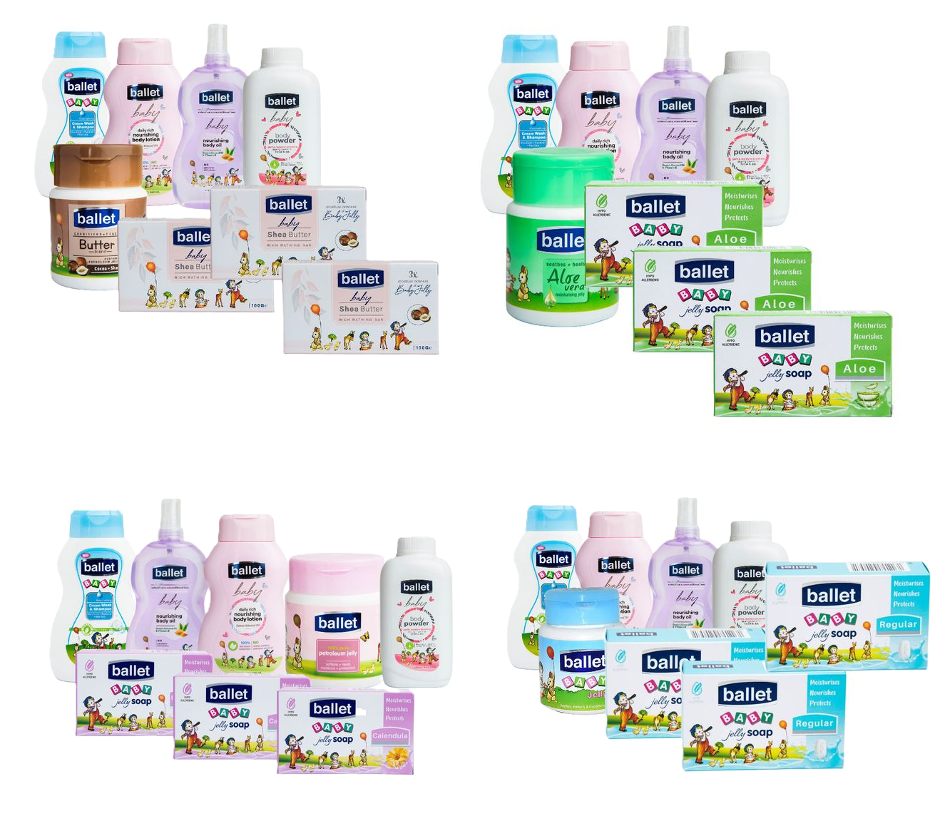 Ballet Value Pack (Set Of 8)-(Baby Cream Wash & Shampoo 240ml, Baby Oil 240ml,Baby Lotion 240ml,Baby Aloe-Vera /Pure Petroleum / Baby Regular & Baby Butter Blend Jellies 250g, Baby Powder 100g & Soaps