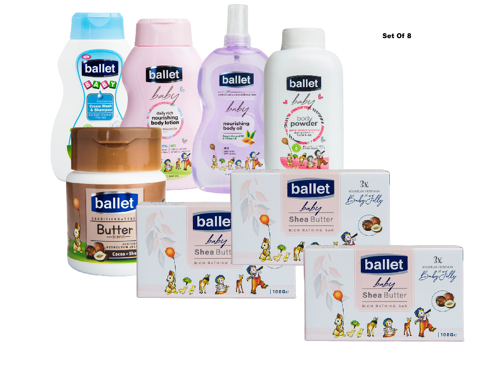 Ballet Value Pack (Set Of 8)-(Baby Cream Wash & Shampoo 240ml, Baby Oil 240ml,Baby Lotion 240ml,Baby Aloe-Vera /Pure Petroleum / Baby Regular & Baby Butter Blend Jellies 250g, Baby Powder 100g & Soaps