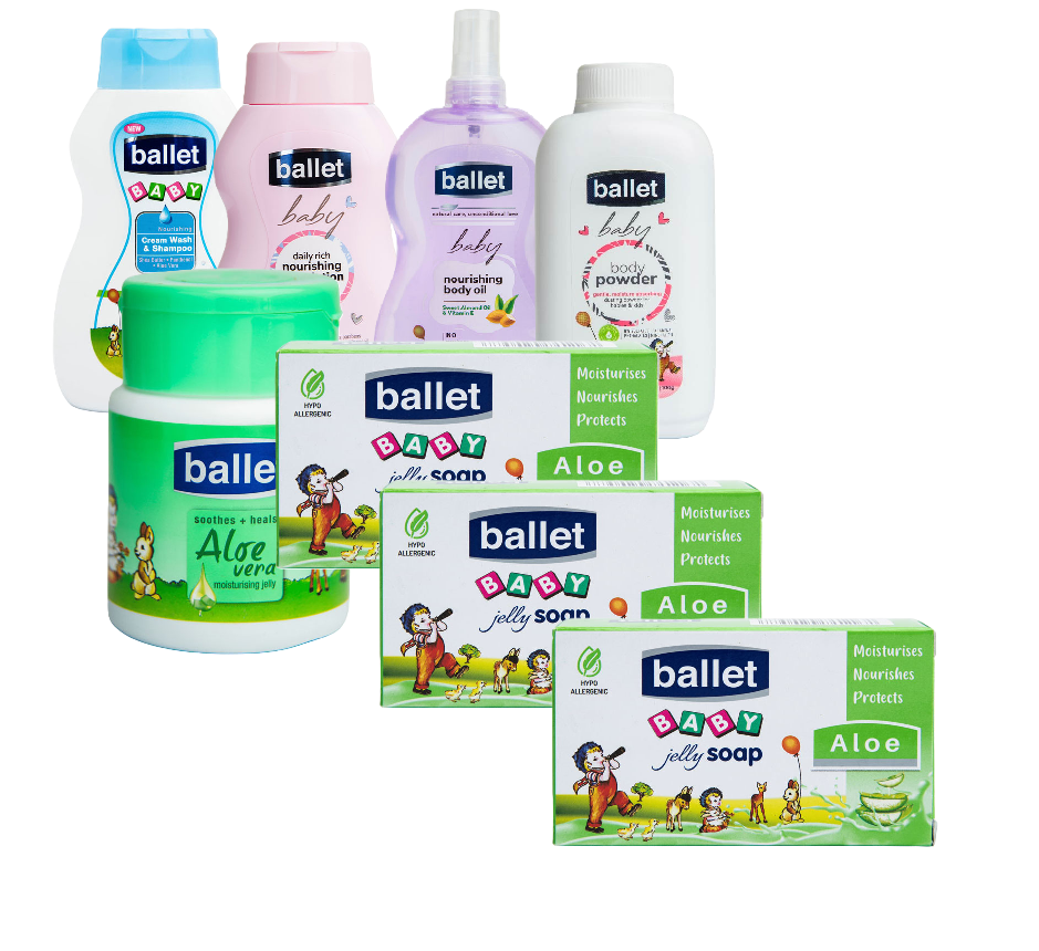 Ballet Value Pack (Set Of 8)-(Baby Cream Wash & Shampoo 240ml, Baby Oil 240ml,Baby Lotion 240ml,Baby Aloe-Vera /Pure Petroleum / Baby Regular & Baby Butter Blend Jellies 250g, Baby Powder 100g & Soaps